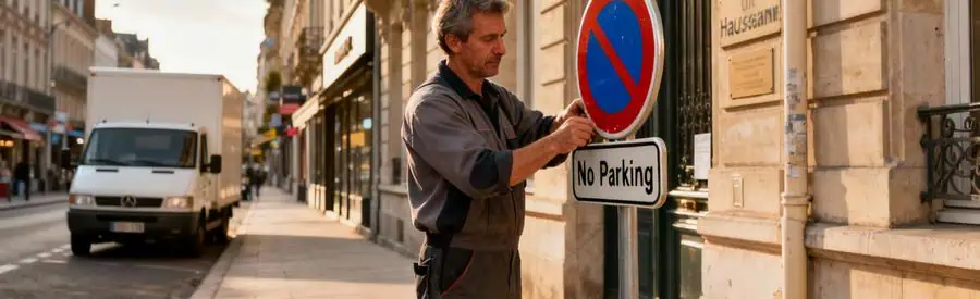 Déménageur installant panneau signalisation temporaire devant immeuble urbain, camion garé en arrière-plan