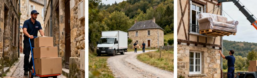 Triptyque logistique déménagement Aveyron : ruelle historique,