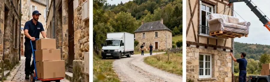 Logistique Demenagement Aveyron Rural Urbain Triptyque logistique déménagement Aveyron : ruelle historique,