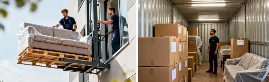 Monte-meubles hissant mobilier vers étage et box garde-meubles sécurisé avec cartons empilés