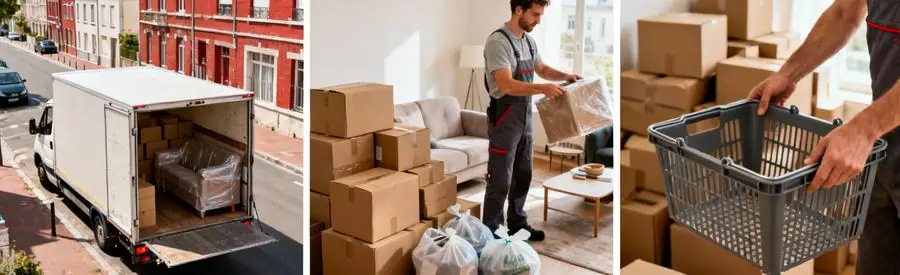 Triptyque optimisation déménagement : camion partagé, tri objets, récupération cartons réutilisables