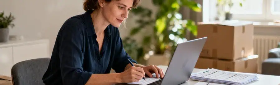 Femme complétant démarches administratives déménagement sur ordinateur, documents organisés, intérieur moderne