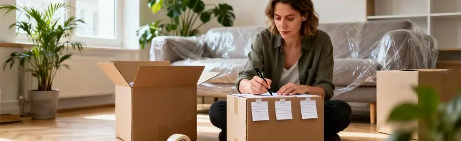 Femme organisant méthodiquement cartons déménagement avec étiquettes vierges