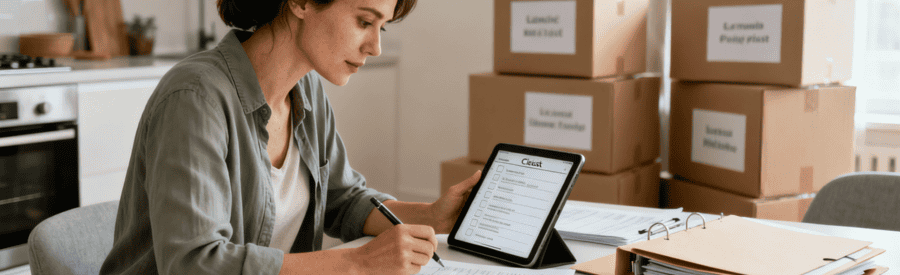 Femme organisant checklist déménagement avec documents administratifs, planification méthodique