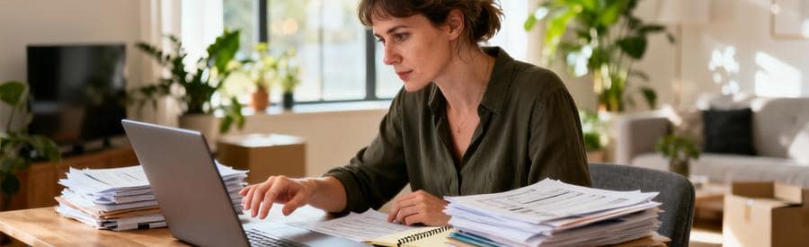 Organisation Demarches Administratives Demenagement Femme organisant documents administratifs sur ordinateur pour déménagement, bureau moderne lumineux