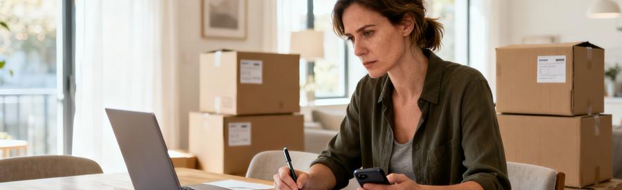 Femme organisant démarches administratives déménagement, documents et ordinateur sur table, cartons en arrière-plan
