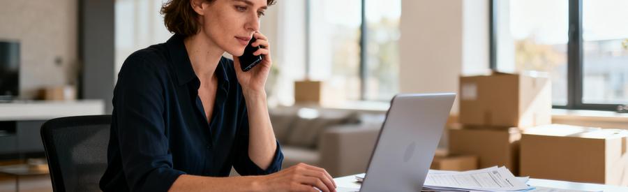 Femme organisant démarches administratives déménagement sur ordinateur, documents éparpillés