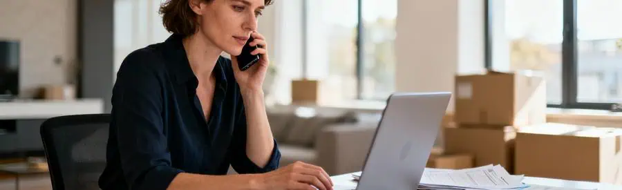 Femme organisant démarches administratives déménagement sur ordinateur, documents éparpillés