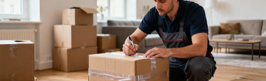 Déménageur étiquetant cartons empilés dans salon moderne, organisation méthodique déménagement Compiègne