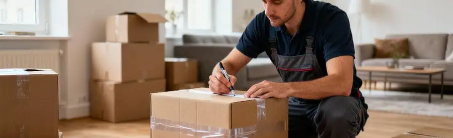 Déménageur étiquetant cartons empilés dans salon moderne, organisation méthodique déménagement Compiègne