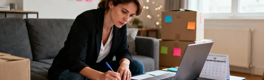 Femme organisant déménagement avec documents et cartons étiquetés dans salon moderne