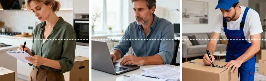 Triptyque : planification déménagement, démarches administratives en ligne, étiquetage cartons méthodique
