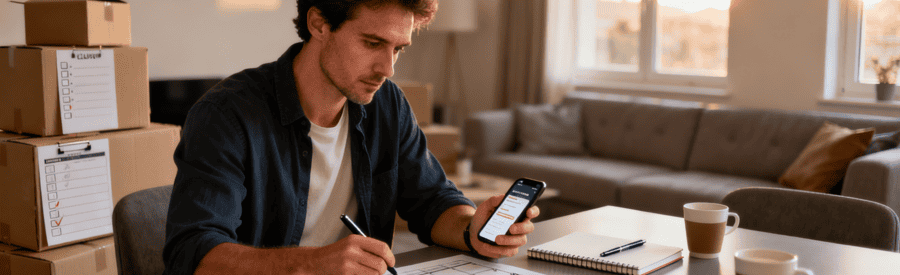 Planification méthodique déménagement avec calendrier et checklist, organisation anticipée