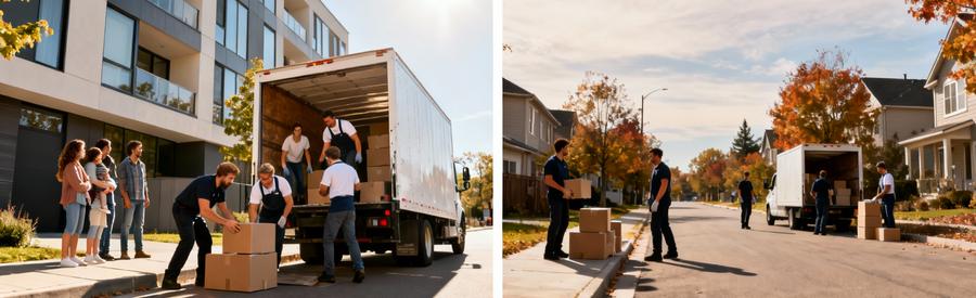 Comparaison déménagement été saturé versus automne calme, équipes et ambiances contrastées