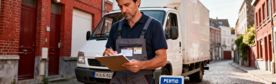 Déménageur consultant documents administratifs devant camion stationné rue résidentielle Armentières