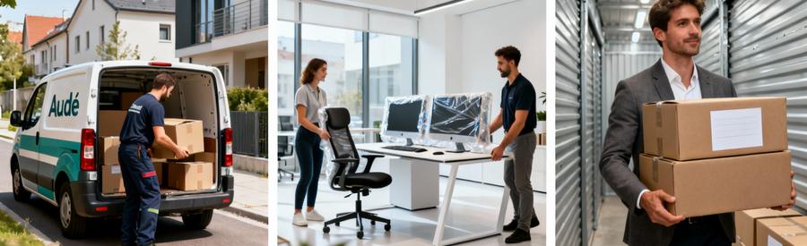 Triptyque déménagement : petit volume studio, transfert bureau professionnel, box self-stockage accessible