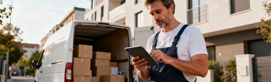 Déménageur consultant tablette devant camion, planification logistique déménagement Ariège