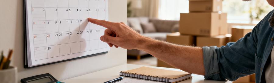 Main pointant calendrier automne-hiver pour planifier déménagement économique, calculatrice et cartons en arrière-plan