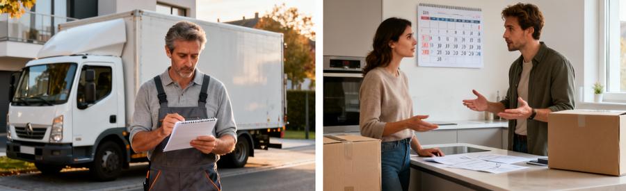 Professionnel consultant planning et couple organisant dates déménagement pour optimiser budget