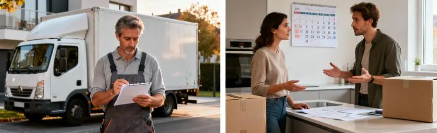 Professionnel consultant planning et couple organisant dates déménagement pour optimiser budget