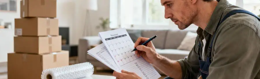 Déménageur consultant calendrier et checklist, cartons empilés, préparation méthodique déménagement