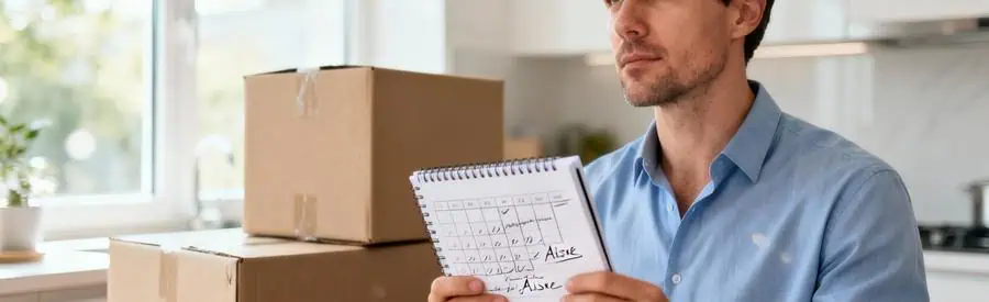 Homme planifiant date déménagement avec calendrier, cartons en arrière-plan, organisation budget