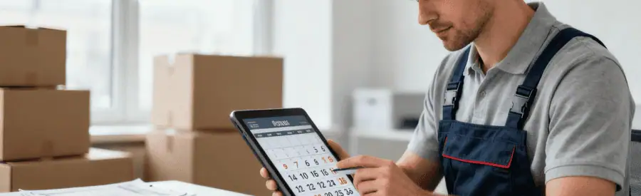 Professionnelle consultant calendrier déménagement, planification stratégique dates et tarifs optimaux