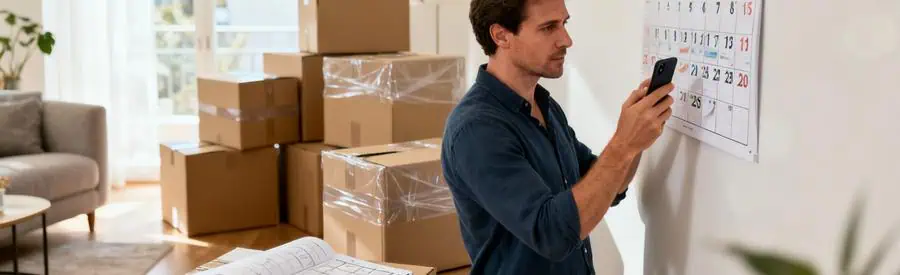 Homme planifiant déménagement avec calendrier et cartons en arrière-plan, organisation anticipée