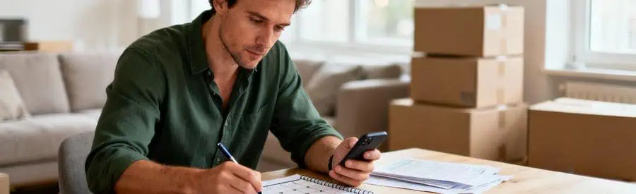 Homme planifiant déménagement avec calendrier et smartphone, cartons en arrière-plan