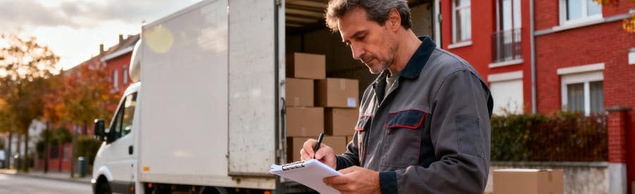 Déménageur consultant agenda devant camion, planification déménagement période creuse Nord