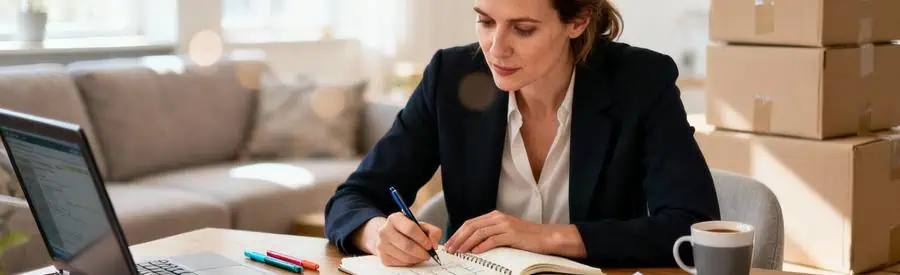 Femme planifiant déménagement avec carnet et documents administratifs, salon moderne lumineux
