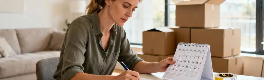 Femme planifiant son déménagement avec calendrier et notes, cartons en arrière-plan
