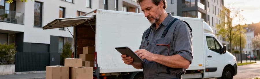 Planification Timing Demenagement Lille Déménageur consultant planning sur tablette devant camion, organisation calendrier déménagement