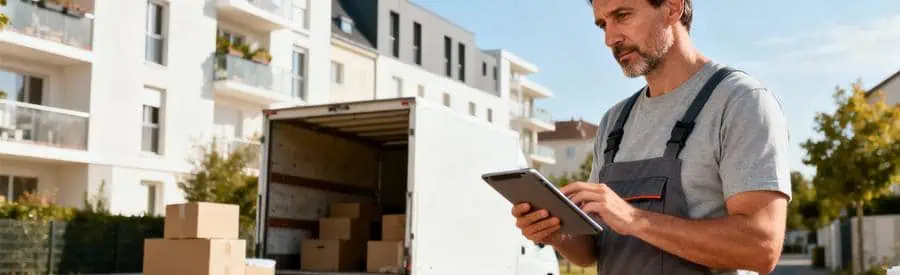 Déménageur consultant planning sur tablette devant camion, organisation professionnelle quartier résidentiel