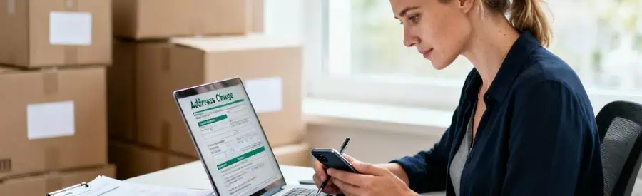 Femme complétant démarches administratives changement adresse sur ordinateur, cartons arrière-plan