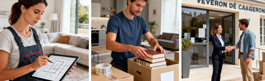 Triptyque : planification déménagement, emballage cartons, accueil mairie Aveyron pour installation locale