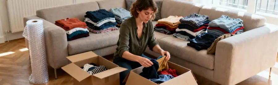 Femme triant vêtements et objets dans salon avec cartons ouverts, préparation déménagement organisée