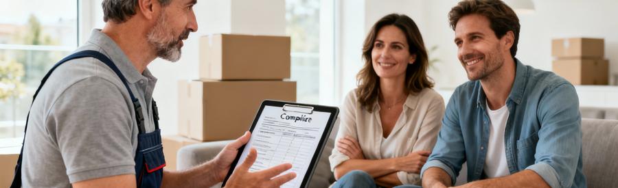 Déménageur présentant devis détaillé à couple dans salon moderne, échange professionnel confiant