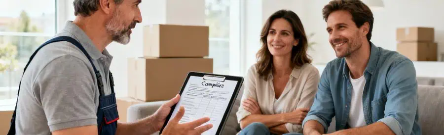 Déménageur présentant devis détaillé à couple dans salon moderne, échange professionnel confiant