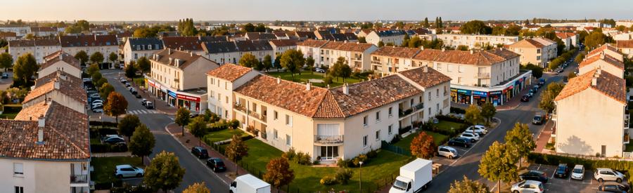 Vue aérienne quartier résidentiel moderne Beauvais avec espaces verts et immeubles contemporains
