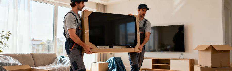 Déménageurs sortant téléviseur grand écran du carton, manipulation coordonnée professionnelle