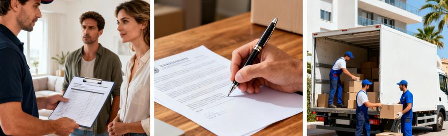 Triptyque : présentation devis déménagement, signature contrat, chargement camion Pyrénées-Orientales