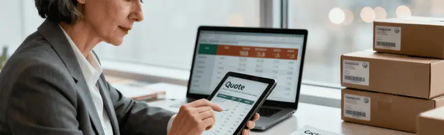 Professionnelle analysant devis déménagement détaillé, vérification contrat et tarifs