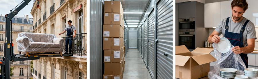 Services déménagement : monte-meubles façade immeuble, stockage box sécurisé, emballage professionnel vaisselle