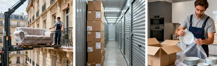 Services déménagement : monte-meubles façade immeuble, stockage box sécurisé, emballage professionnel vaisselle