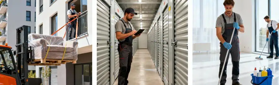 Services déménagement : monte-meuble façade immeuble, garde-meubles sécurisé, nettoyage appartement professionnel