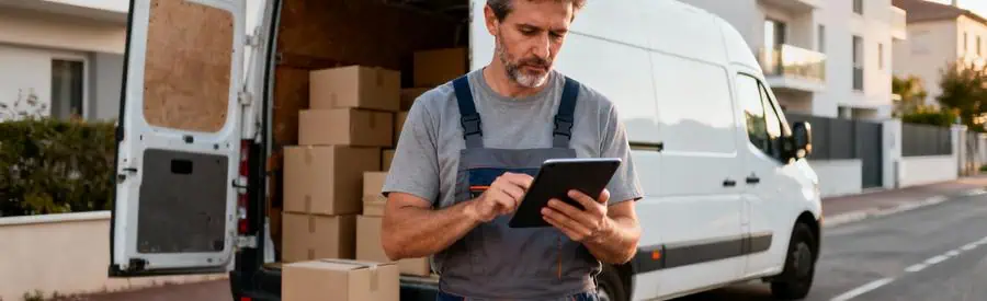 Déménageur consultant tablette devant camion, organisation services déménagement professionnels en Lozère