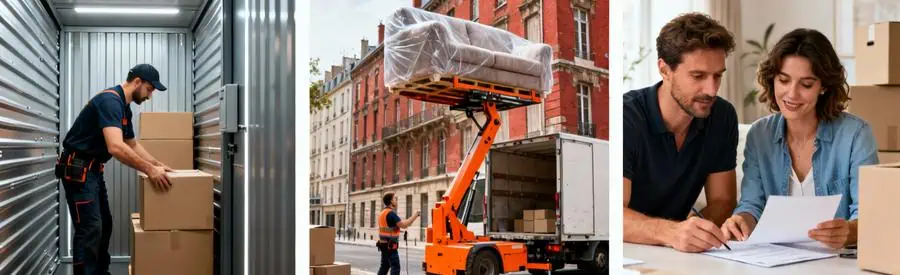 Services déménagement : stockage garde-meuble, monte-meuble façade immeuble, consultation aides financières