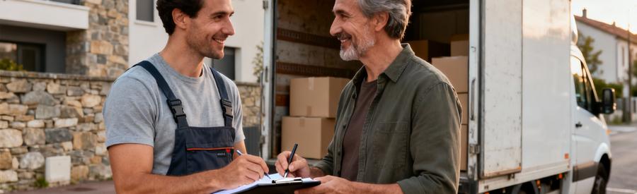 Déménageur et client signant lettre de voiture devant camion, clôture prestation déménagement