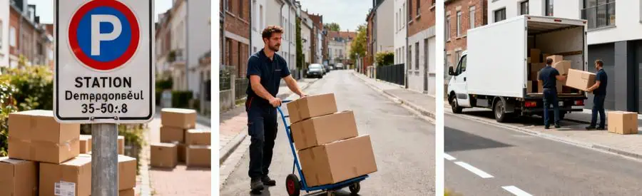 Triptyque déménagement Marcq-en-Barœul : autorisation stationnement, manutention rue étroite, chargement camion